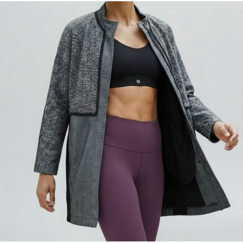 Lululemon Boucle Cocoon Car Coat Women Medium Gray Black Snap Front Jacket Midi